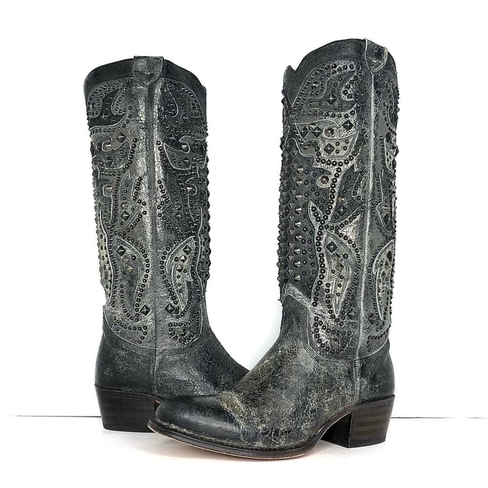 Frye Deborah Deco Tall Studded Distressed Leather Western Boots Women’s 6 Shoes - Picture 2 of 11